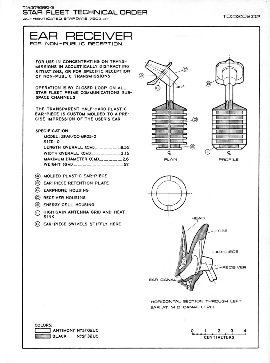 A page from the Star Trek Technical Manual of the 'Ear Receiver' device used by Lieutenant Uhura